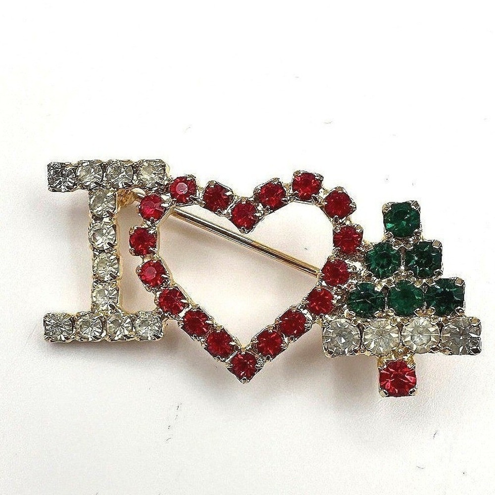 Vintage 90s I Love Christmas Tree Brooch Pin Gold Tone Rhinestone Holiday Jewel